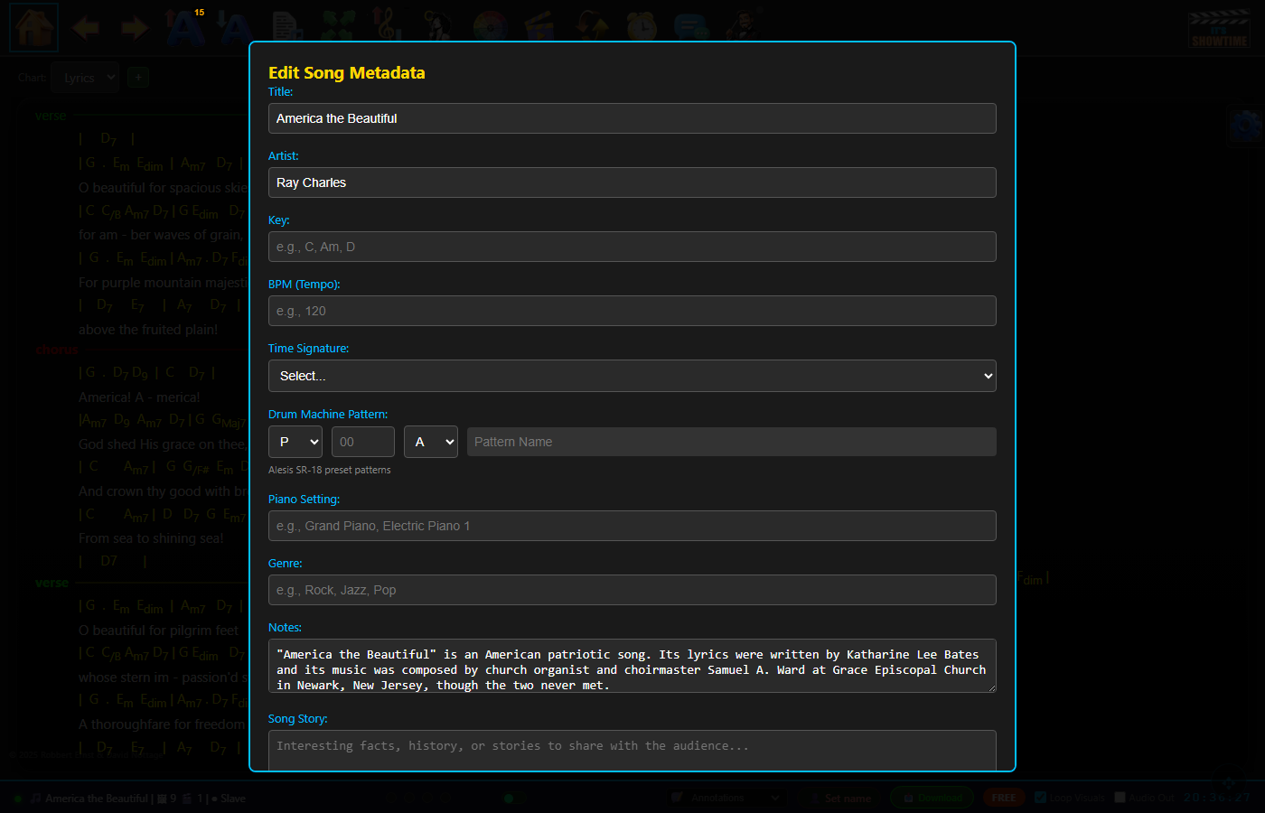 ShowTime song metadata — key, BPM, genre, notes